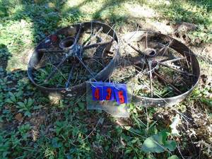 lot 435 image: Qty of 2 large steel wheels approx 36. As shown.