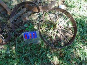 lot 437 image: Qty of 2 large steel wheels approx 36. As shown.