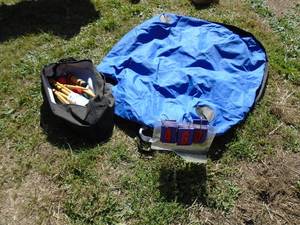 lot 460 image: Tote with croquet set & rubbermaid car top carrier. As shown.