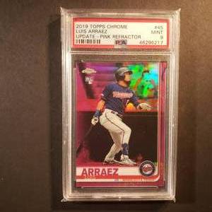 lot 56 image: Luis Arraez Topps Chrome Pink Refractor #45, PSA Mint 9