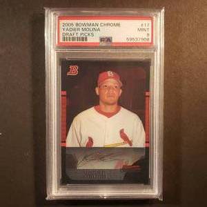 lot 58 image: Yadier Molina Bowman Chrome Rookie Draft Picks #17, PSA Mint 9