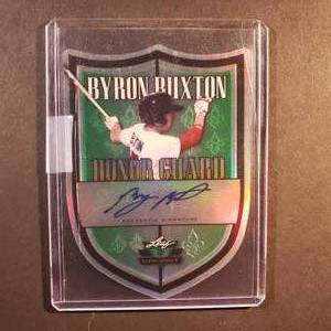 lot 92 image: Byron Buxton Honor Guard Autographed Rookie Green Die Cut Leaf HG-BB1