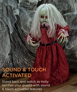 lot 10 image: Best Choice Products Animatronic Roaming Creepy Doll Halloween Decoration, Haunted Holly Sound Activated Holiday Prop w Light-Up LED Eyes. - In nice condition - Untested.