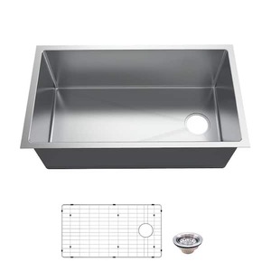 lot 118 image: Glacier Bay Tight Radius Undermount 18G Stainless Steel 36 in. Single Bowl Kitchen Sink with Offset Drain and Accessories
