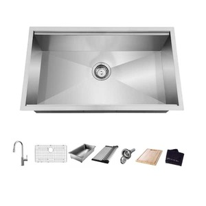 lot 119 image: New - Glacier Bay All-in-One Zero Radius Undermount 18G Stainless Steel 32 in. Single Bowl Workstation Kitchen Sink with Pull-Down Faucet