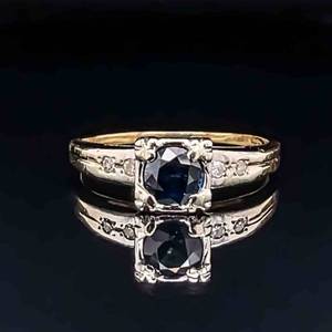 Vintage Beauty Natural Blue Sapphire & Diamond Ring in 14k Two-Tone Gold