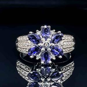 Gorgeous Color Natural Sapphire & Diamond Floral Cluster Cocktail Ring in 14k White Gold $3800 Retail