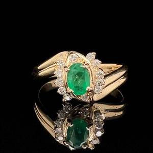 Vibrant Natural Emerald & Diamond Cocktail Cluster Scalloped Bypass Ring in 14k Yellow Gold