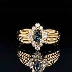 Vintage Glam 0.75ctw Marquise Blue Sapphire & Diamond Halo Cluster Scalloped Ring in 14k Yellow Gold