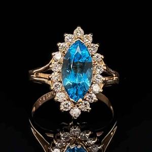 Oceanic Beauty Blue Topaz & 0.55ctw Diamond Marquise Cluster Cocktail Split Ring in 14k Yellow Gold