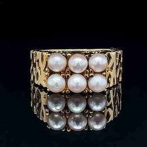 Triple Row Mini White Pearl Cut-Out Work Filigree Artistic Ring in 14k Yellow Gold Stamped Germany