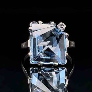 AMAZING CUSTOM RING Blue Topaz & Old European Cut Diamond Artisan Avant Garde Style Statement Ring in White Gold $2100 Retail VIDEO