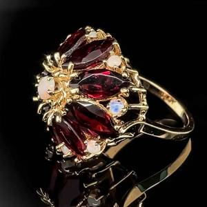 Garnet & White Opal 3D Cluster Blooming Floral Cocktail Ring in 14k Yellow Gold