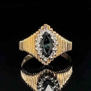 Retro Marquise Natural Blue Sapphire & Diamond Halo Cluster Textured Tapered Ring in Yellow Gold