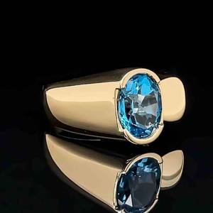 Artistic Blue Topaz Asymmetrical Half-Bezel Ring in 14k Yellow Gold $1600 Retail VIDEO