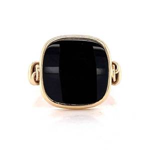 Modern Dome Faceted Cushion Square Onyx Bezel Ring in 14k Yellow Gold