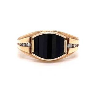 Unisex Mens or Womens Onyx Inlay & Cubic Zirconia Tapered Groove Ring in 14k Yellow Gold