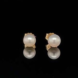Round White Pearl Solitaire Stud Earrings in 14k Yellow Gold