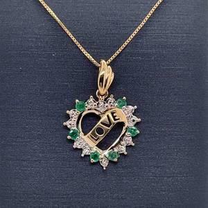Natural Emerald & Diamond Cluster Wreath Heart LOVE Pendant in Yellow Gold