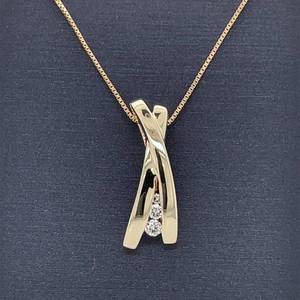 Diamond 3-Stone X Hugs Ribbon Anniversary Slide Pendant in 14k Yellow Gold