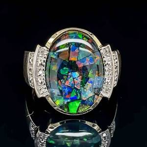 Oval Mosaic Opal & Diamond Tiered Step Statement Ring in Yellow Gold $1950 Retail VIDEO