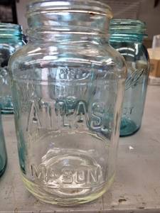Canning jars, Ball blue, one Atlas...