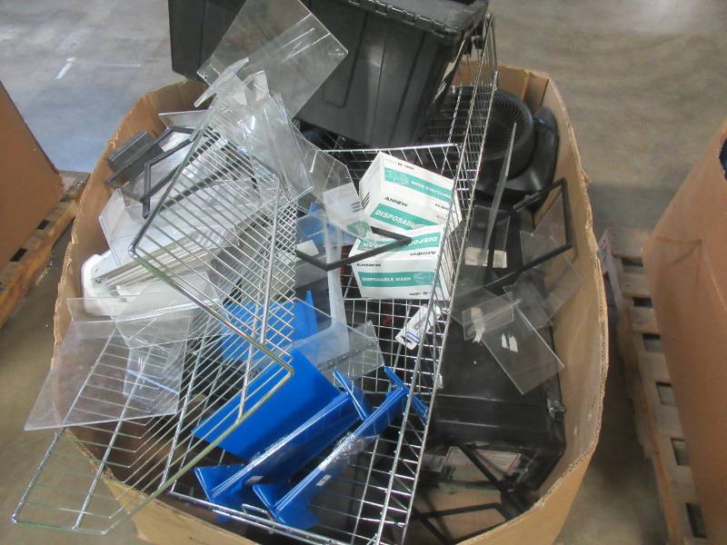 lot 543 image: Large Pallet of Miscellaneous Items Left over from the Retail Store and Warehouse. Tradeshow Booth Kits, Retail Fixtures and More