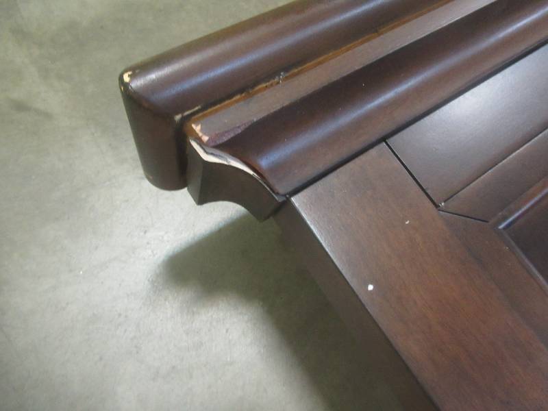 lot 338 image: CREATED FOR MACYs FURNITURE, Solid Wood King Headboard (Headboard Only) In Walnut Finish. Slight Corner and Edge DingsScratches (see photos).  Approximate Dimensions 84 X 37