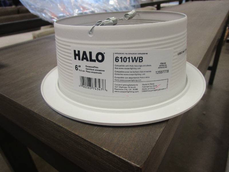 lot 929 image: HALO 6 PACK E26 Series 6 in. White Recessed Ceiling Light Fixture Trim with White Straight Side Metal Baffle