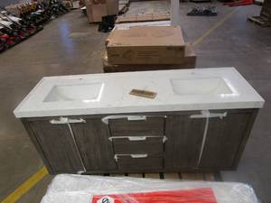 lot 318 image: VINNOVA 72 IN DOUBLE SINK VANITY IN CLASSICAL GRAY WITH COMPOSITE GRAIN COUNTERTOP (VERY NICE CONDITION)