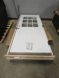 lot 326 image: 32 in. x 80 in. Classic Left-Hand Inswing 9-Lite Clear 2-Panel Glass Primed Steel Prehung Front Door on 6-916 in. Frame (NICE CONDITION)