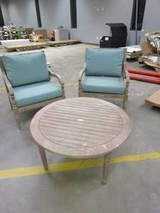 lot 328 image: LAKEWOOD 3 PIECE CHAT SET WITH SPA COLOR CUSHIONS (TABLE TOP SCRATCHED UP, AND 2 EXTRA SETS OF CUSHIONS INCLUDED)