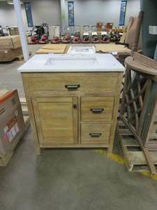 lot 329 image: Stanhope 31 in. W x 22 in. D Vanity in Reclaimed Oak with Engineered Stone Vanity Top in Crystal White with White Sink (TOP HAS CORNER DAMAGE AND PERMANENT MARKER ON IT)