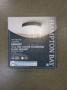 lot 393 image: HAMPTON BAY Lakeshore 13 in. Matte Black Smart Hubspace CCT and RGB Selectable LED Flush Mount (OPEN BOX)