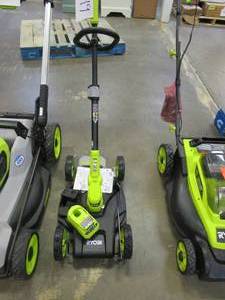 lot 419 image: RYOBI ONE 18V 12 in. Cordless 3-in-1 Trim Mower with 4.0 Ah Battery and Charger (BRAND NEW OUT OF BOX)