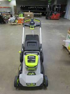 lot 422 image: RYOBI 21 INCH SMART TREK BATTERY OPERATED LAWN MOWER WITH 2 6AH BATTERIES & CHARGER (BRAND NEW, HANDLE IS SPLIT, SEE PHOTOS)
