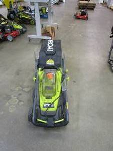 lot 453 image: RYOBI 16 INCH BATTERY OPERATED LAWN MOWER (MISSING BOLTS FOR THE HANDLES, TOOL ONLY, TURNS ON)