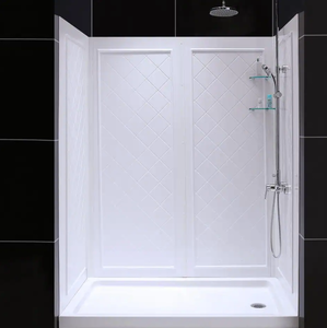 lot 324 image: DREAMLINE SlimLine 30 in. x 60 in. Single Threshold Shower Base in White Right Hand Drain Base with Back Walls (OPEN BOXES, 2 BOXES, APPEARS TO BE COMPLETE)