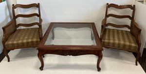 lot 8 image: Two Vintage Solid Wood Chairs And Ornate Square Coffee Table With Glass Top