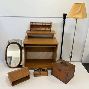 lot 13 image: Group Including Vintage Mirrors, Wooden Crates, Small Computer Desk And More -