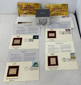 lot 16 image: Group Of 22KT Gold Replicas Of United States Stamps And Shannon Crystal Heart Shaped Trinket Box