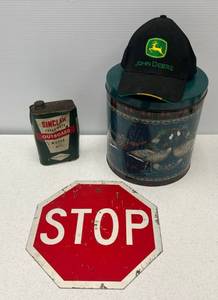 lot 26 image: Group Including Mini Stop Sign, Vintage Sinclar Extra Duty Outboard Motor Oil Can And More -