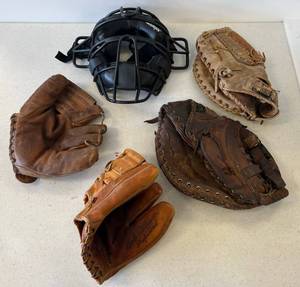 lot 38 image: Group Of Vintage Baseball Items Including Gloves, Catchers Mits And Mask