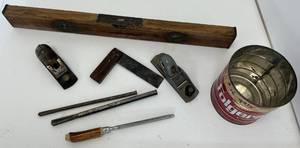 lot 88 image: Group Of Antique Tools Including Stanley Wooden Level And More -