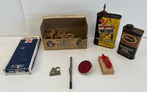 lot 109 image: Group Of Vintage Automotive Items Including 8 AC Delco R45XLS6 Spark plugs NIB, Vintage GE Mazada Lamps In Original Box (5 Total) And More -