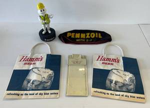 lot 115 image: Group Of Misc. Vintage Automotive Beer Advertisement Items Including Hamms, Michelin And Pennzoil Hat