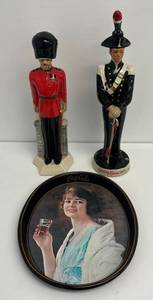 lot 121 image: Group Of Vintage Items Including Coca-Cola Serving Tray And Two Soldier Decanters 1 Liquore Galliano Italian Soldier 19 14 And 1 Vintage Windsor Whiskey decanter 17