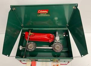 lot 218 image: Vintage Colman Camp Stove With Original Box Like New (Missing Cooking Grate)