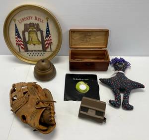 lot 241 image: Group Of Misc. Collectibles Including Musical Powder Box, Beatles On Apple Hey Jude 45 Album And Morew