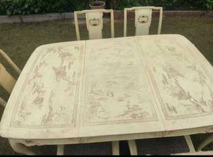 lot 183 image: Unique Artist Made One Of A Kind Oriental Themed Dinnig Table With Six Chairs And Two leafs Has Dragon Feet On Chairs And Table (Needs Some TLC) -